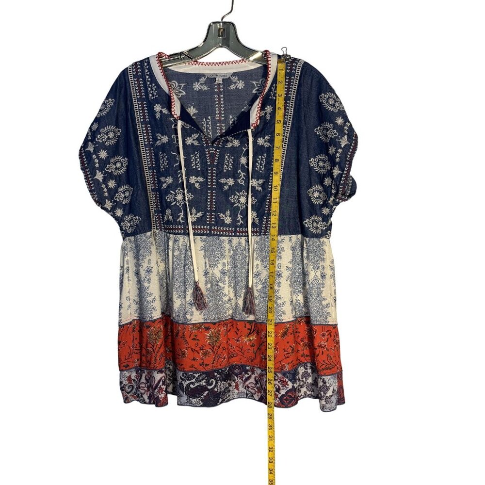 John Mark Boho Tunic Dress Large Blue White Red Floral Embroidered Tassels - Picture 4 of 9